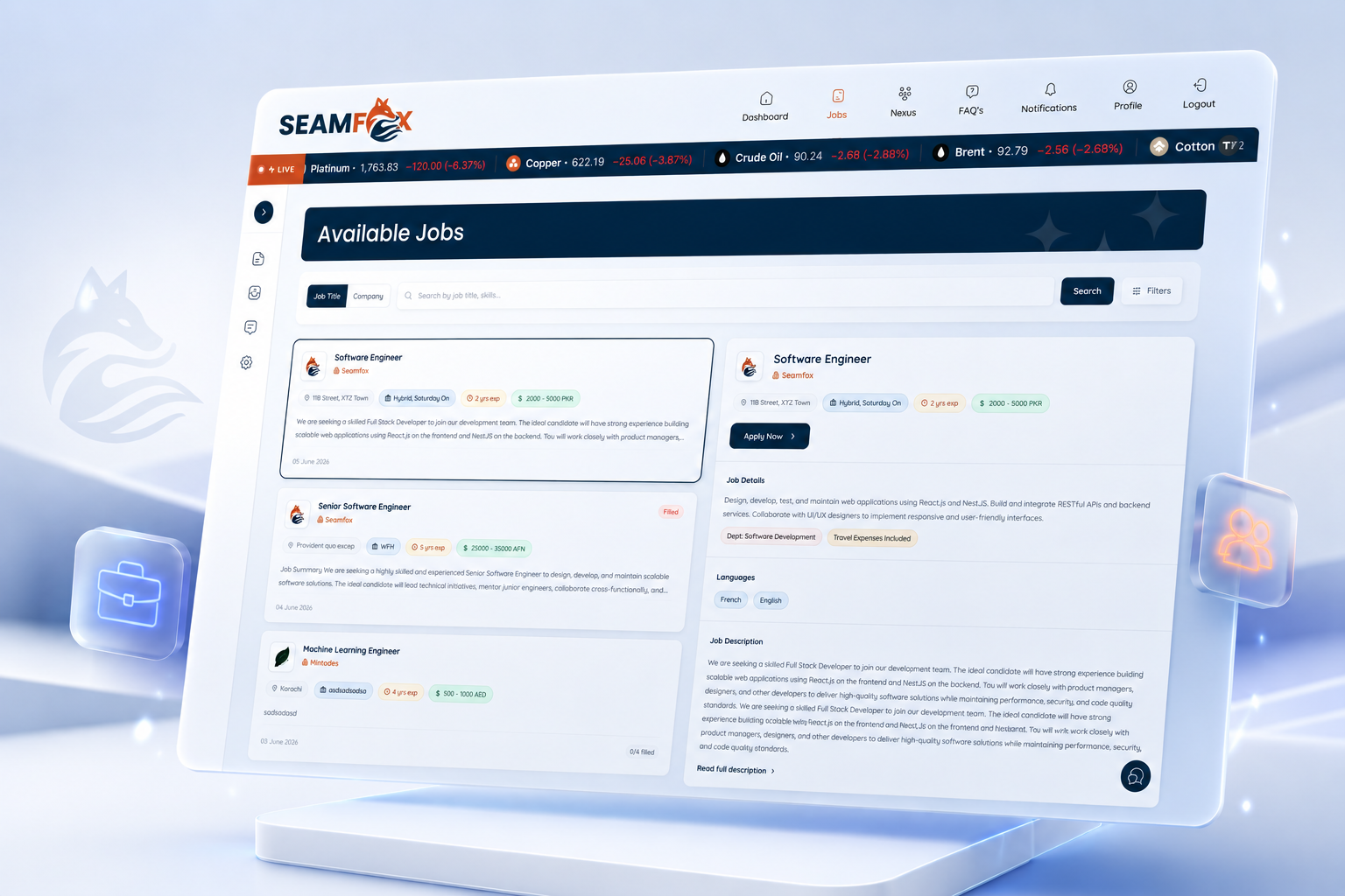 Seamfox platform interface