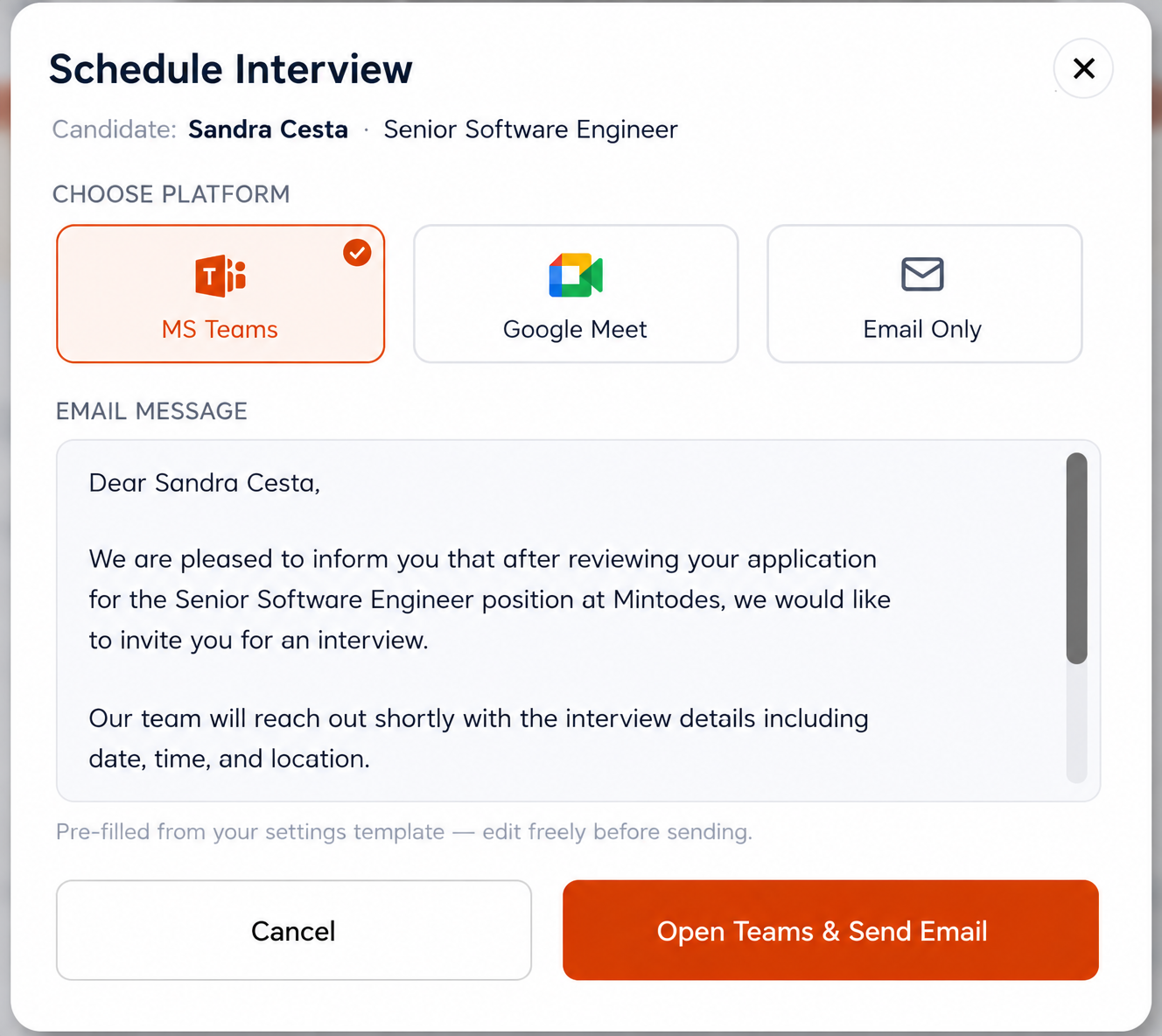 Schedule Interview, Teams or Google Meet